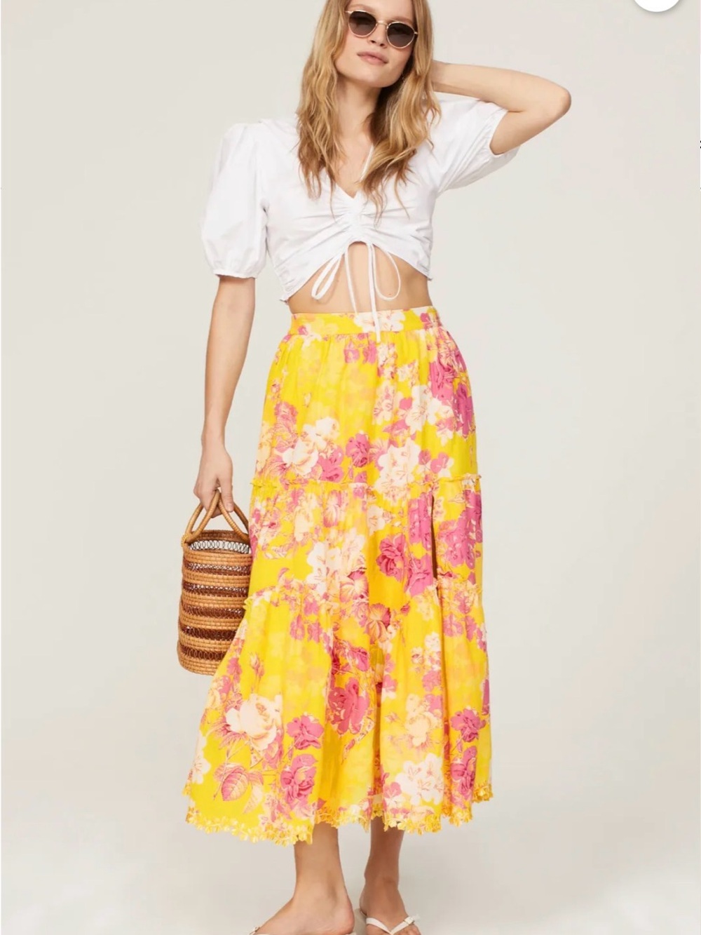 Hemant & Nandita Lyla Yellow Floral Tiered Maxi Skirt